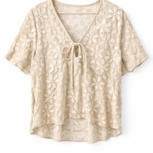 Beige Textured Floral Tie Front Blouse XXL | Boho Top PTP 22